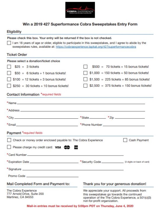 Cobra Experience 6-06-2020 sweepstakes drawing - 2019 427 Cobra - order form