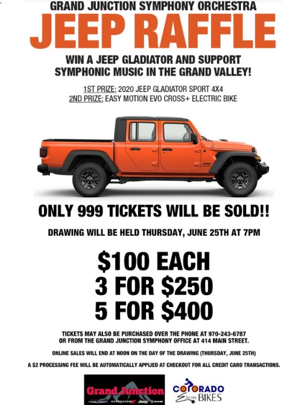 Grand Junction Symphony Orchestra 6-25-2020 raffle - 2020 Jeep Gladiator Sport 4X4 - Flyer 