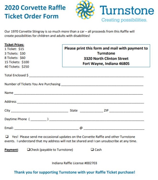 Turnstone 6-24-2020 raffle - 1970 CORVETTE STINGRAY -order form 