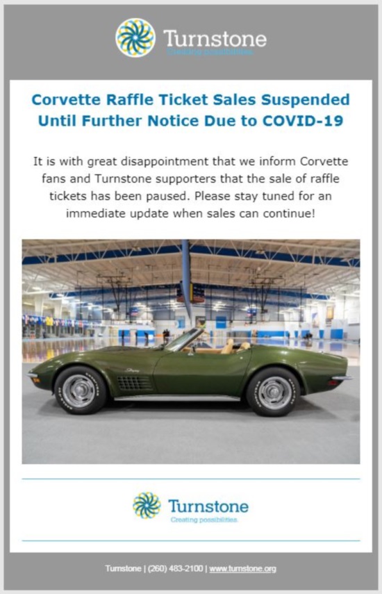 Turnstone 6-24-2020 raffle - 1970 CORVETTE STINGRAY - virus notice 