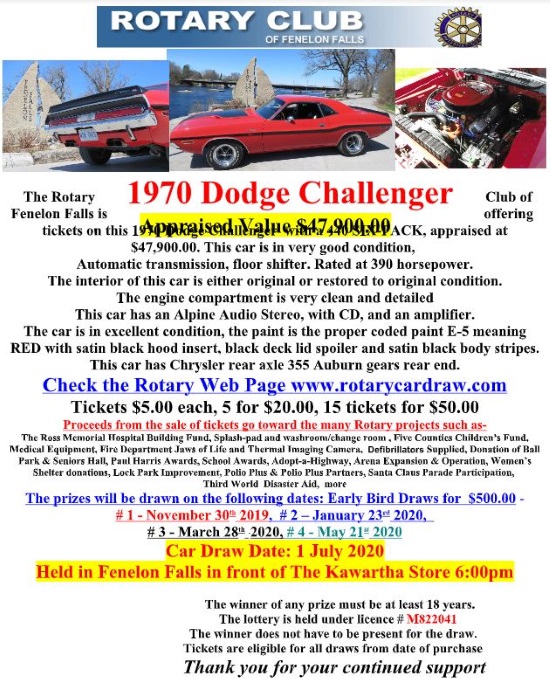 Rotary Club of Fenelon Falls 7-01-2020 Drawing - 1970 Dodge Challenger - Flyer 