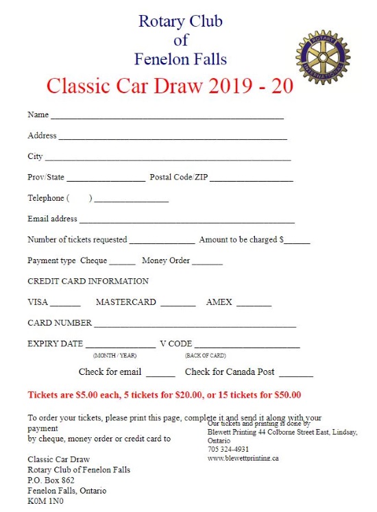 Rotary Club of Fenelon Falls 7-01-2020 Drawing - 1970 Dodge Challenger - order form