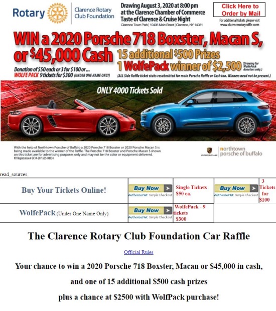 Clarence Rotary Club Foundation 8-03-2020 raffle - 2020 Porsche 718 Boxster, Macan S or $45,000 Cash - Flyer 