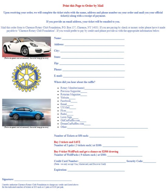 Clarence Rotary Club Foundation 8-03-2020 raffle - 2020 Porsche 718 Boxster, Macan S or $45,000 Cash - order form 