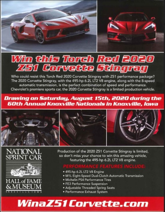 National Sprint Car Hall of Fame & Museum 8-15-2020 Sweepstakes Drawing - 2020 Z51 Corvette Stingray or $75,000 Cash - Flyer 