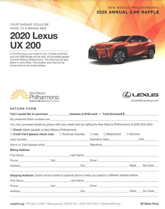 New Mexico Philharmonic 8-2020 raffle - 2020 Lexus UX 200 - Order Form 