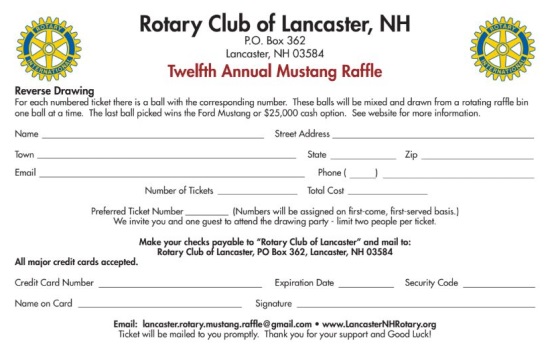 Rotary Club of Lancaster,NH 8-06-2020 raffle - 2020 Ford Mustang GT Coupe or $25,000 Cash - order form