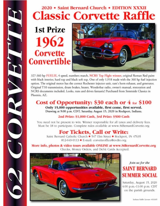 St. Bernard Catholic Church 8-15-2020 raffle - 1962 Corvette Convertible Fuelie - Flyer 