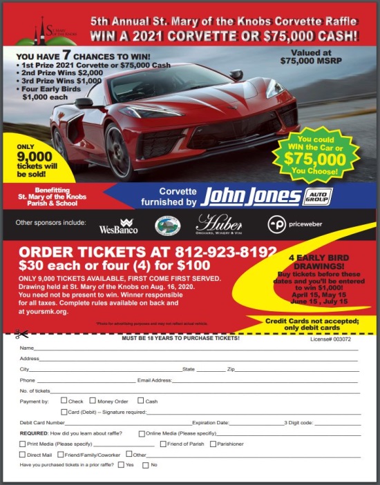 St. Mary of the Knobs 8-16-2020 raffle - 2021 Chevy Corvette or $75,000 Cash - Flyer.order form.#2 