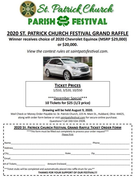 St. Patrick Parish 8-09-2020 raffle - 2020 Chevrolet Equinox or $20,000 - Flyer - order form 