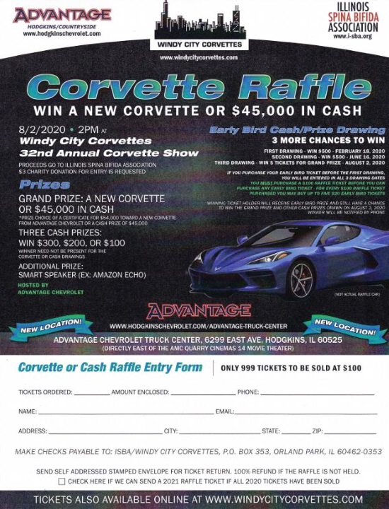 Windy City Corvettes 8-02-2020 raffle - 2020 Chevy Corvette or $45,000 Cash - Flyer -Order Form