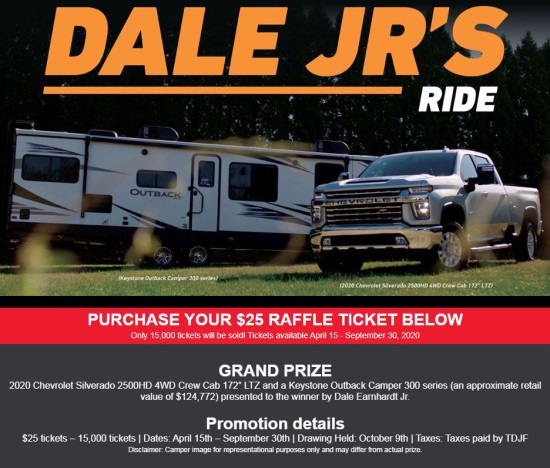 Dale Jr. Foundation 9-30-2020 raffle - 2020 Chevy Silverado 2500HD 4WD Crew and Keystone Camper - truck camper flyer 