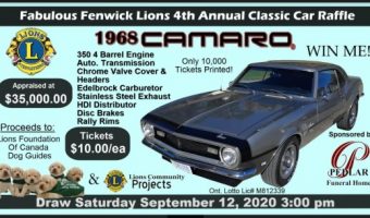 Fabulous Fenwick Lions Club 9-12-2020 raffle - 1968 Chevy Camaro - Flyer