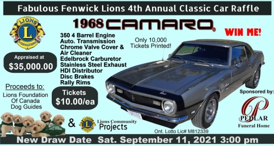 Fabulous Fenwick Lions Club 9-12-2020 raffle - 1968 Chevy Camaro - new date poster 9-11-2021 