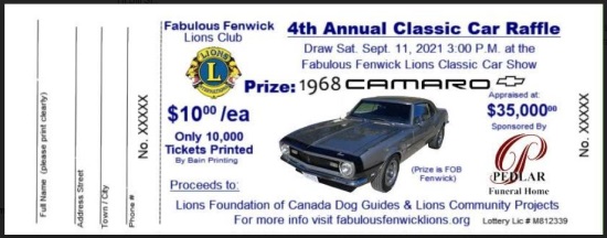 Fabulous Fenwick Lions Club 9-12-2020 raffle - 1968 Chevy Camaro - new date ticket 