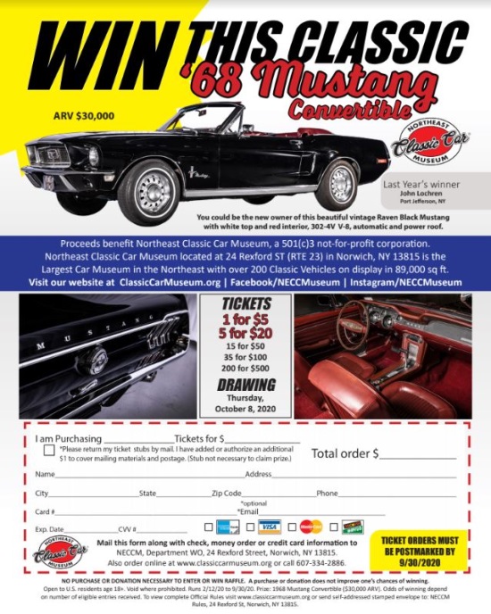 Northeast Classic Car Museum 9-30-2020 raffle - 1968 Mustang Convertible - Flyer