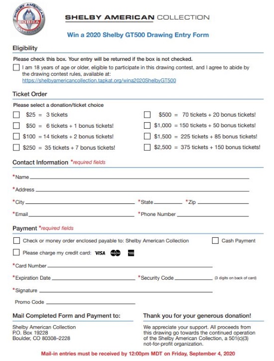 Shelby American Collection 9-05-2020 Drawing - 2020 760 hp Shelby GT500 - order form 