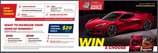  St. Anthony High School 9-20-2020 raffle - 2021 Corvette Coupe or Convertible or $65,000 CASH - 1 corvettes.Odds 