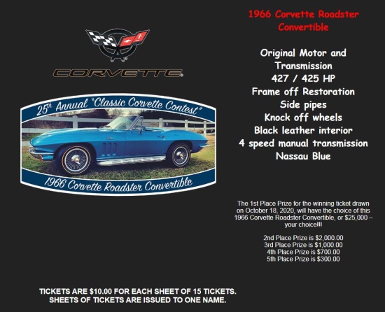Huntingtown VFD & Rescue Squad 10-18-2020 raffle - 1966 Corvette Roadster Convertible or $25,000 Cash - Flyer 