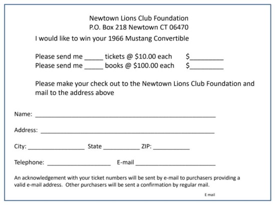 Lions, Newtown Lions Club 10-17-2020 raffle - 1966 Ford Mustang Convertible -order form 