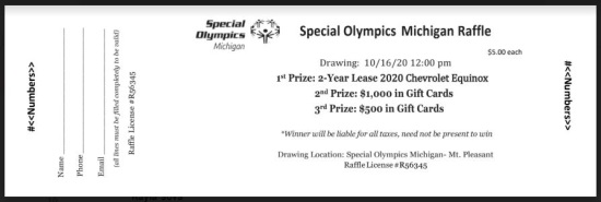 Special Olympics Michigan 10-16-2020 raffle - 2 Year Lease on a 2020 Chevrolet Equinox - sample ticket 