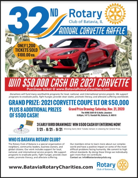 Rotary Club of Batavia, IL. 11-21-2020 raffle - 2021 CORVETTE COUPE 1LT OR $50,000 Cash - Flyer.#2 