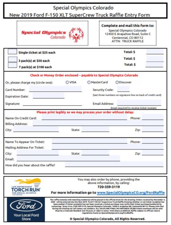 Special Olympics CO. 11-10-2020 raffle - 2019 Ford F-150 XLT SuperCrew 4x4 - Order form 