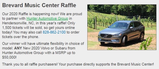 Brevard Music Center 12-01-2020 raffle - Choice of any 2020 Volvo or Subaru with MSRP up to $50,000 - Flyer 