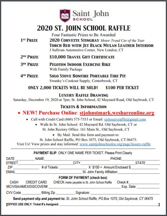 Saint John School 12-19-2020 raffle - 2020 Corvette Stingray - order form 