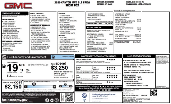 Special Olympics Missouri 12-10-2020 raffle - 2020 GMC Canyon 4x4 SLE Crew Short Box Pickup - window sticker 