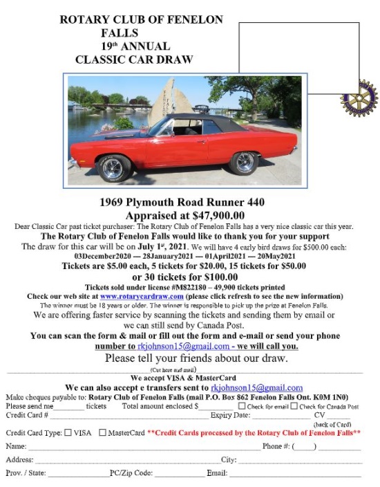 Rotary Club of Fenelon Falls 7-01-2021 drawing - 1969 Plymouth Road Runner Convertible 440 - Flyer crisp 