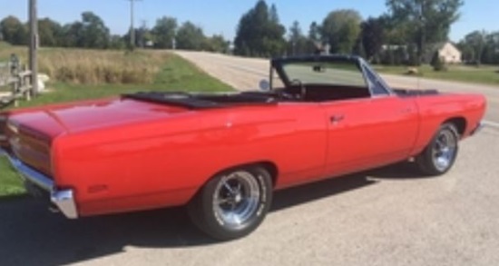 Rotary Club of Fenelon Falls 7-01-2021 drawing - 1969 Plymouth Road Runner Convertible 440 - right side top down 