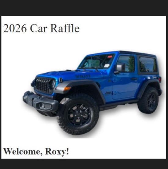 2026 Jeep Wrangler 2 dr, Willys raffle