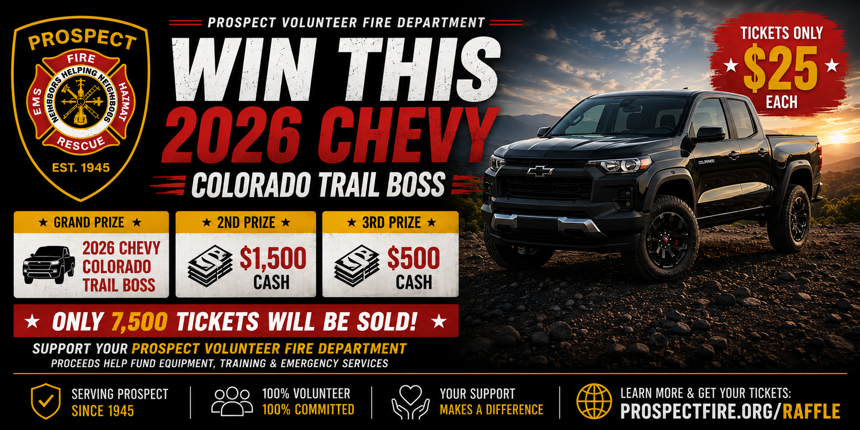 2026 Chevrolet Colorado Trail Boss raffle flyer - Volunteer Fire Department of Prospect